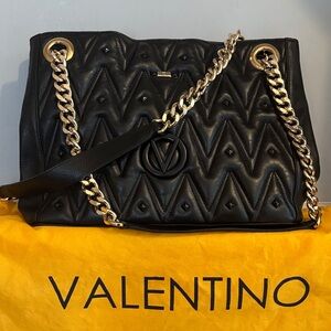 Valentino Luisa Studs Black Sauvage Leather Gold Chain Tote Shoulder Bag